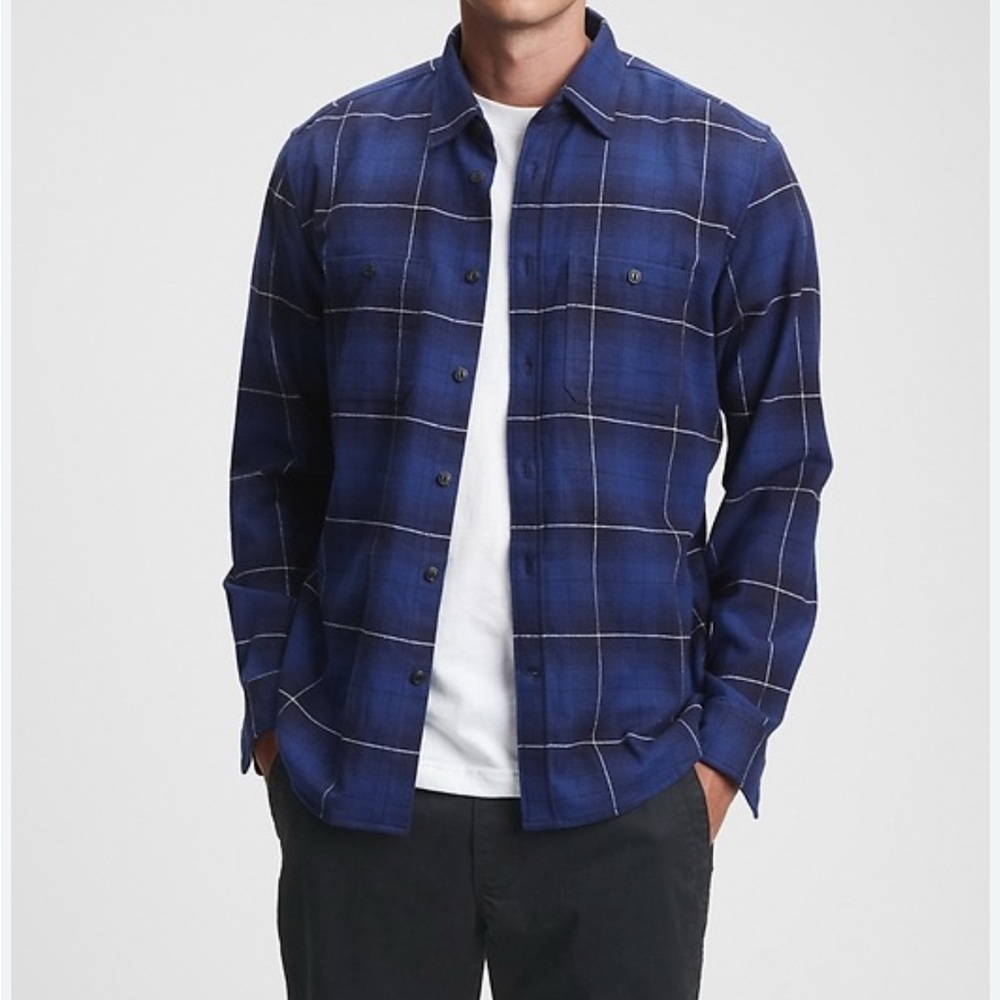 Gap Men's XL Blue Plaid Untucked Flannel Button Down Shirt Long Sleeve